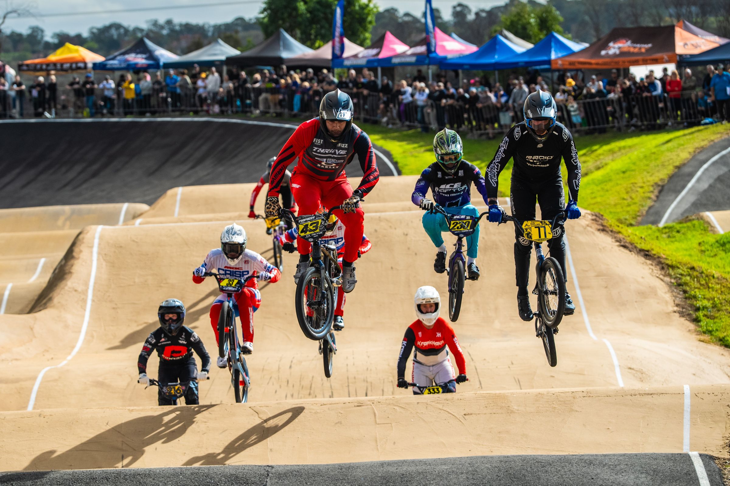 BMX Racing athletes compete in a race at a AusCycling BMX Racing National Series event in Macarthur, Sydney, NSW